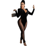 Sexy Mesh Stitching V-Neck Ruff Long Sleeves Velvet Jumpsuit  A7170