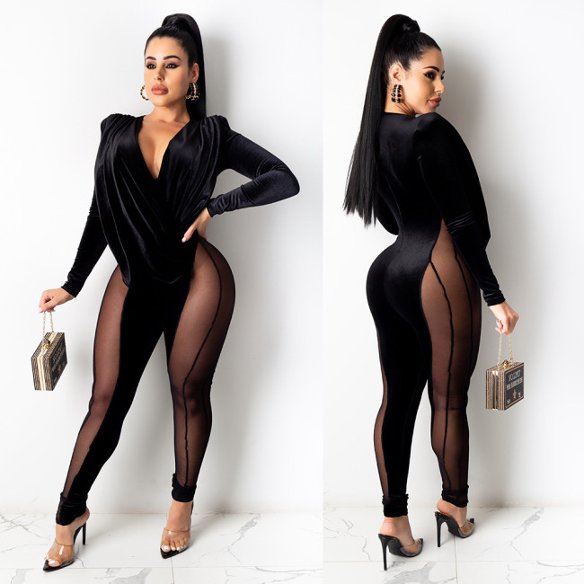 Sexy Mesh Stitching V-Neck Ruff Long Sleeves Velvet Jumpsuit  A7170