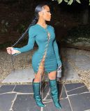 Sexy Knitted Chain Lace-Up Rond Neck Long Sleeves Hollow Out Mini Dress  TK6149