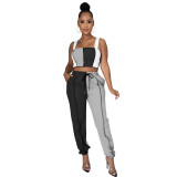 Sexy Contrast Stitching Suspenders Cropped Vest With Drawstring Trousers Two Pieces Sets  FM2008