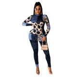 Fashion Printed High Collar Long Sleeves Tops With Trousers Two Pieces Sets GL6327