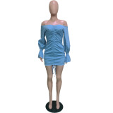 Sexy Off Shoulder Long Sleeves Backless Pleated Drawstring Mini Bodycon Denim Dress  BN096