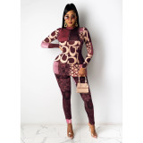 Fashion Printed High Collar Long Sleeves Tops With Trousers Two Pieces Sets GL6327