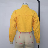 Fashion Hole Turn-Down Collar Long Sleeves Short Denim Jacket  WY7318-1