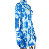 Fashion Tie Dye High Collar Long Sleeves Mini Bodycon Dress  A20263D