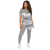 Casual Letter Printed Round Neck Short Sleeves T-Shirt With Trousers Two Pieces Sets  DL8069