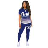 Casual Letter Printed Round Neck Short Sleeves T-Shirt With Trousers Two Pieces Sets  DL8069