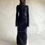 Casual Solod Color Stitching Long Sleeves Hooded Long Dress  D295583