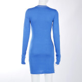 Casual Blue Round Neck Long Sleeves Mini Bodycon Dress  K20869D