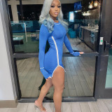 Casual Blue Round Neck Long Sleeves Mini Bodycon Dress  K20869D