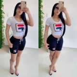 Casual Printed Round Neck Short Sleeves T-Shirt With Drawstring Shorts Two Pieces Sets  W8197