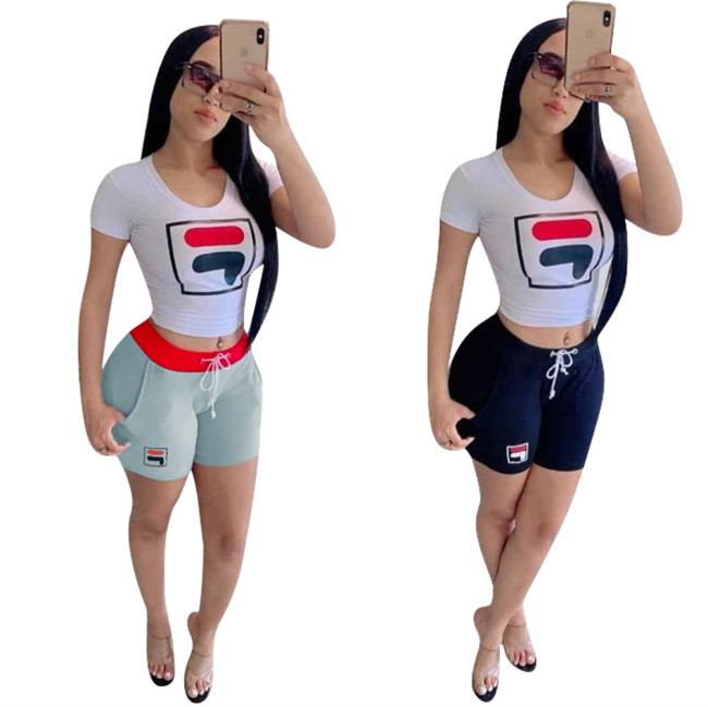 Casual Printed Round Neck Short Sleeves T-Shirt With Drawstring Shorts Two Pieces Sets  W8197