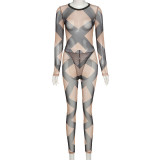 Fashion Mesh Contrast Printed Round Neck Long Sleeves Bodysuit With Trousers Two Pieces Sets  K20S10464