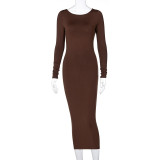 Sexy Solid Color U-Neck Long Sleeves Backless Midi Bodycon Dress  D0B3970A