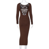 Sexy Solid Color U-Neck Long Sleeves Backless Midi Bodycon Dress  D0B3970A