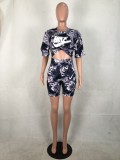 Fashion Printed Round Neck Short Sleeves T-Shirt With Shorts Two Pieces Sets  R6198