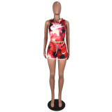 Casual Printed Sleeveless Hooded Cropped Tops With Shorts Two Pieces Sets  R6221