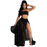 Three-piece solid color swimsuit Korean net see-through skirt tube top briefs set YY5263