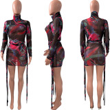 Sexy Womens dress with mesh and tie print NK210