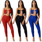 Nightclub style solid color fold hollow two-piece set Q1095