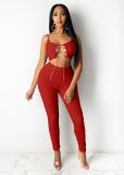 Nightclub style solid color fold hollow two-piece set Q1095