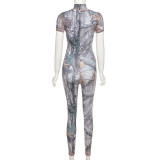 Womens fashion printed short-sleeved hip-lifting sports jumpsuit for women K21Q00234