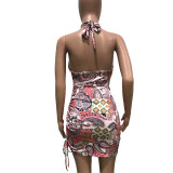 Womens sexy printed dress with drawstring straps, multi-color optional BN9264