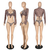 Womens summer new mesh swimwear three-piece leopard print bikini YZ532