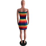 Colorful stitching rainbow tight tube top dress AFY716