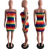Colorful stitching rainbow tight tube top dress AFY716