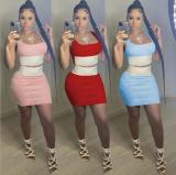 Womens fashion casual sexy solid color stitching nightclub style slim waistcoat two-piece skirt SM9156