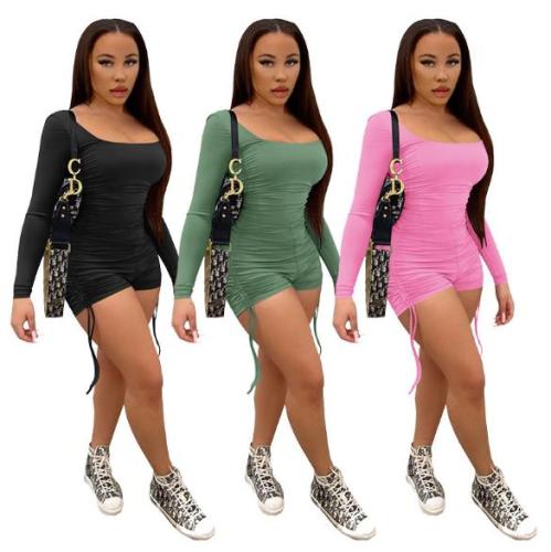 Womens fashion spring and summer new U-shaped collar solid color pleated jumpsuit HR8161