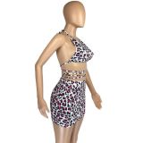 Leopard print two-piece halter neck strap short skirt suit LM8220