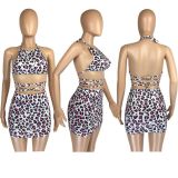 Leopard print two-piece halter neck strap short skirt suit LM8220