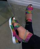 Roman style colored rhinestone buckle platform heel sandals women HWJ375