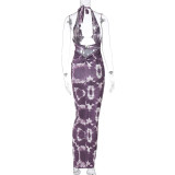 Front cutout lace-up print halter dress D114344G
