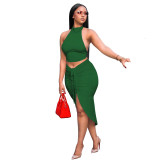 Womens solid color round neck cropped halter top with drawstring half skirt suit ZSC0383