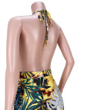 Nightclub wear Halter tie print tropical swimsuit jumpsuit GL6358
