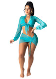 Fashion sexy solid color mesh sunscreen suit four-piece swimsuit LD9109
