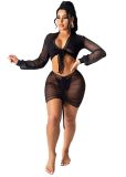 Fashion sexy solid color mesh sunscreen suit four-piece swimsuit LD9109