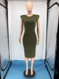 Spring and summer new solid color temperament bag hip sleeveless shoulder pad dress RM8902