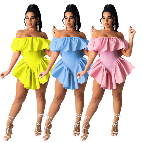 Womens fashion casual sexy solid color nightclub style irregular pleated off-shoulder one-piece dress OEP6262