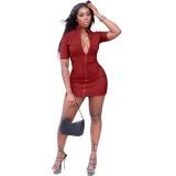 Fashion slim solid color two-way zipper sexy nightclub outfit mini dress S6275