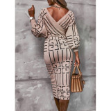 Womens Fashion Printed Long Sleeve V-Neck Waist Pack Hip Dress NS10070