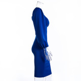Temperament dress skirt mid-length waist puff sleeve sexy long-sleeved dress autumn MLS1003