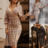 Womens Fashion Printed Long Sleeve V-Neck Waist Pack Hip Dress NS10070