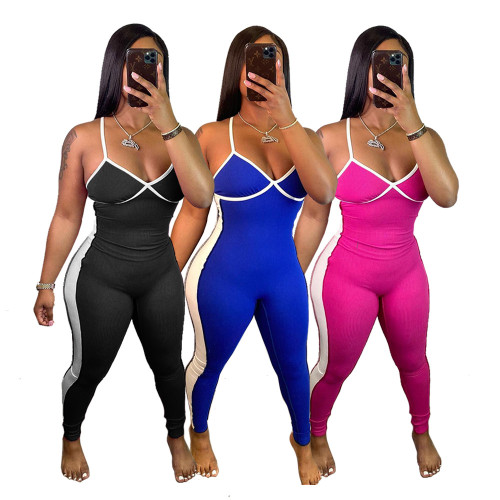 Plus size Womens beltless trousers mid-rise contrast color sexy jumpsuit H1626