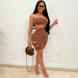 Summer solid color nightclub sexy wrapped breasts and burnt hole dress women RM8913