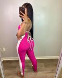 Plus size Womens beltless trousers mid-rise contrast color sexy jumpsuit H1626