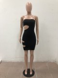 Summer solid color nightclub sexy wrapped breasts and burnt hole dress women RM8913